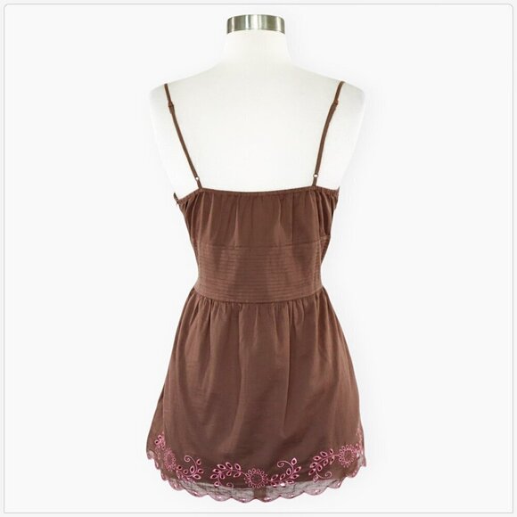 Sweetees Brown & Pink Embroidered Empire Pleated Waist Eyelet Cami Top Size 10 - Picture 2 of 3
